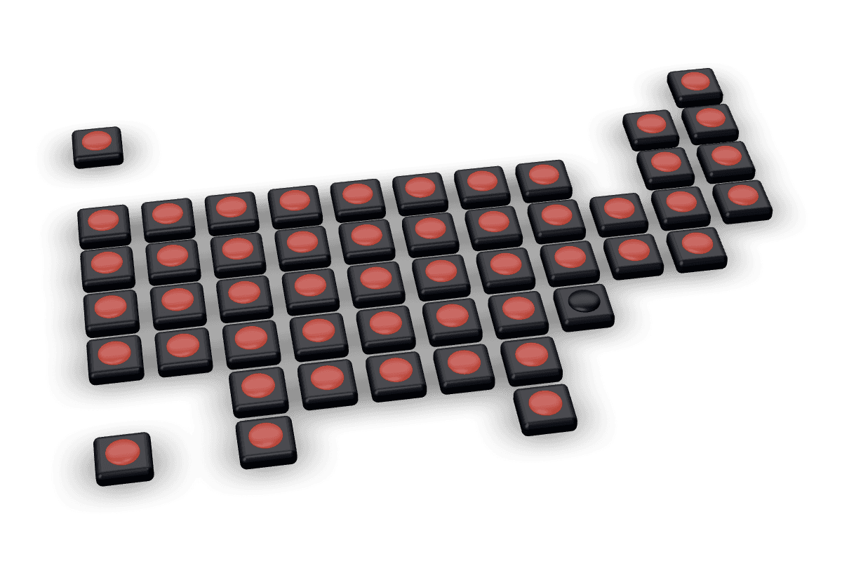A 3D relief map of the United States built from a grid of tiles, one per state and DC. States covered by AmericanElectionHQ show a lit red lens; the rest are dark.